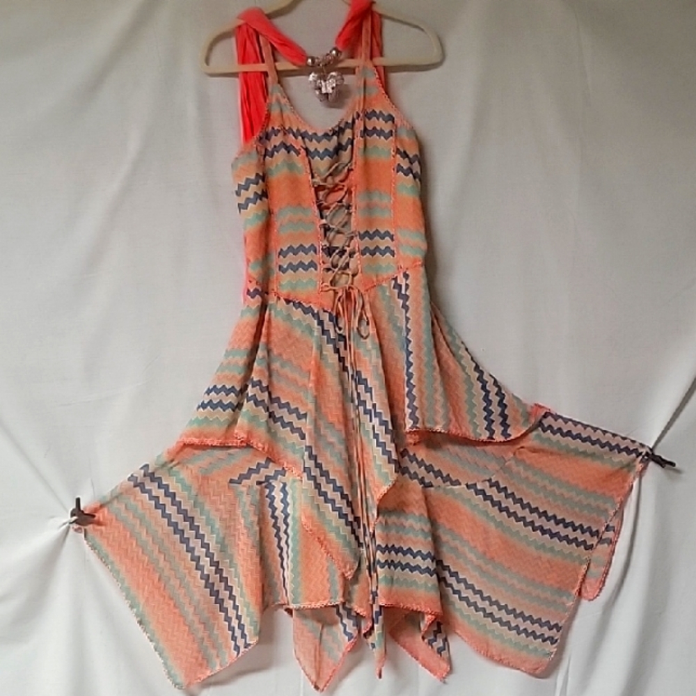 Colorful Zigzag Hankerchief Midi Dress With Matching Embelished Scarf